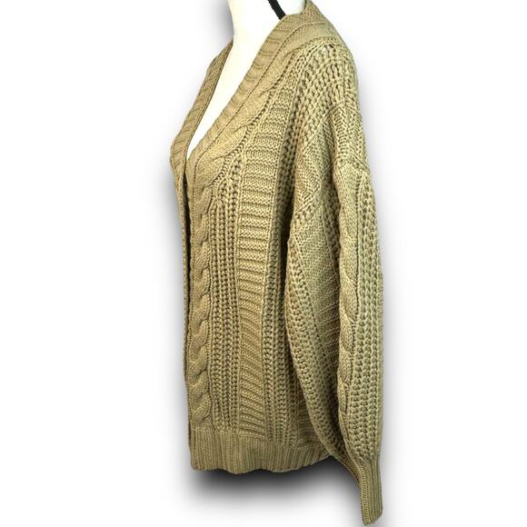 Cable Knit Tan Beige Vneck Cardigan Sweater Button Front Balloon Sleeves Medium - Picture 4 of 8